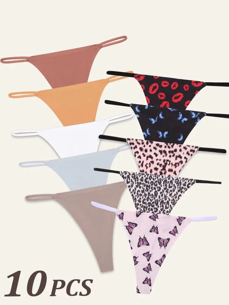 10Pcs Women Seamless Thongs Thin Strap Low Waist High Flexibility Panties Sexy Underwear Ladies Briefs T-back Comfortable Women - A-1 Thread Vault