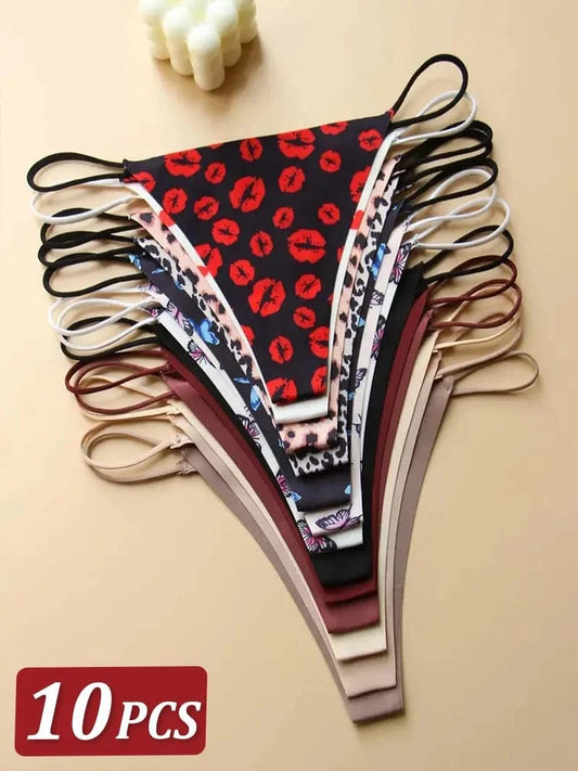 10Pcs Women Seamless Thongs Thin Strap Low Waist High Flexibility Panties Sexy Underwear Ladies Briefs T-back Comfortable Women - A-1 Thread Vault