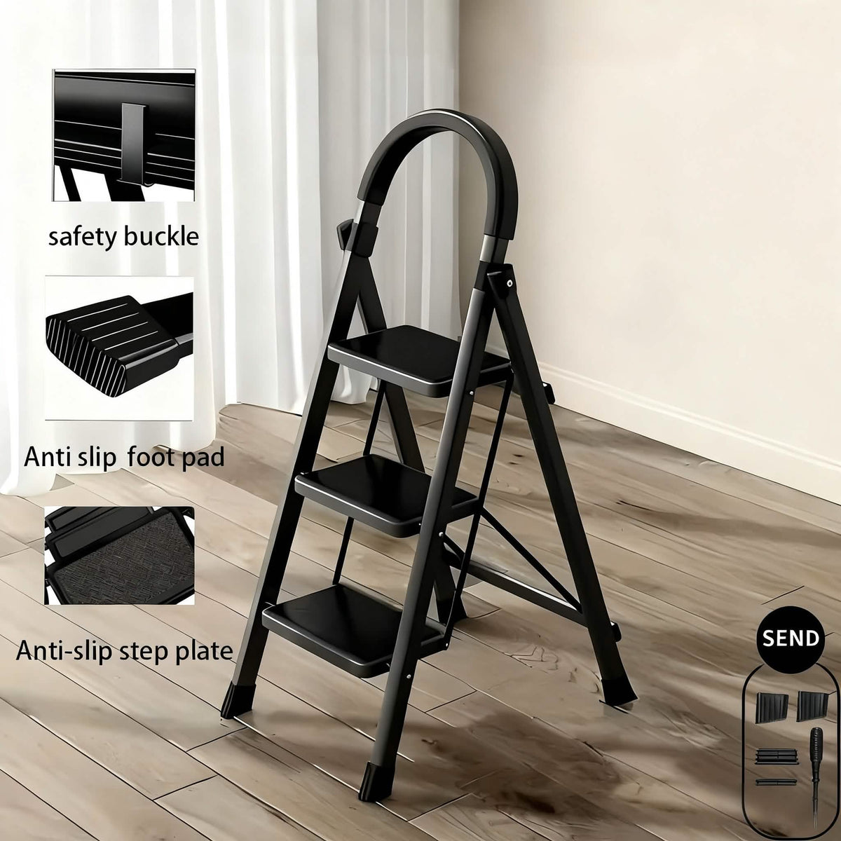Folding 3/4-Step Ladder – Portable Steel Step Stool, Anti-Slip - A-1 Thread Vault