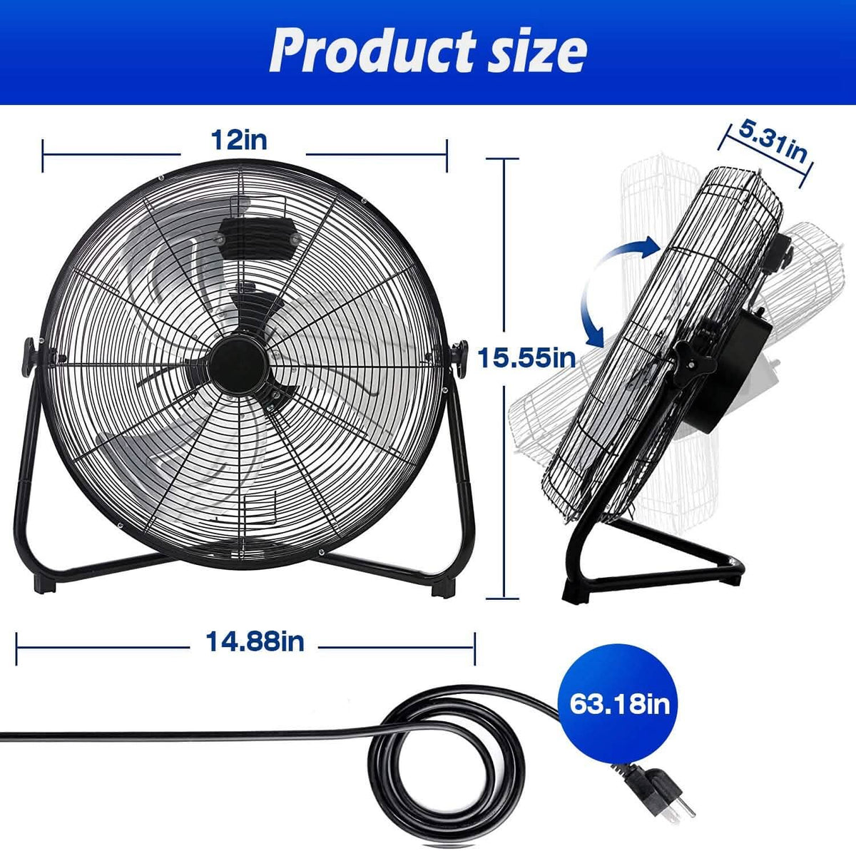 12" Floor Fan Copper Motor High-Velocity with 3 Adjustable Speeds - A-1 Thread Vault