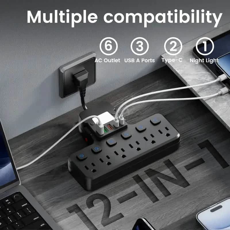 12-in-1 Adjustable Desk Lamp Power Strip – 6 AC Outlets, 3 USB-A & 2 Type-C Ports, Surge Protection - A-1 Thread Vault
