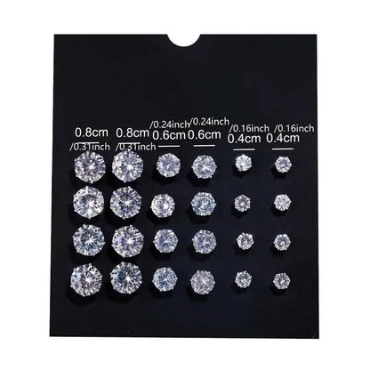 12-Pairs: Crystal Zircon Earrings Set - A-1 Thread Vault