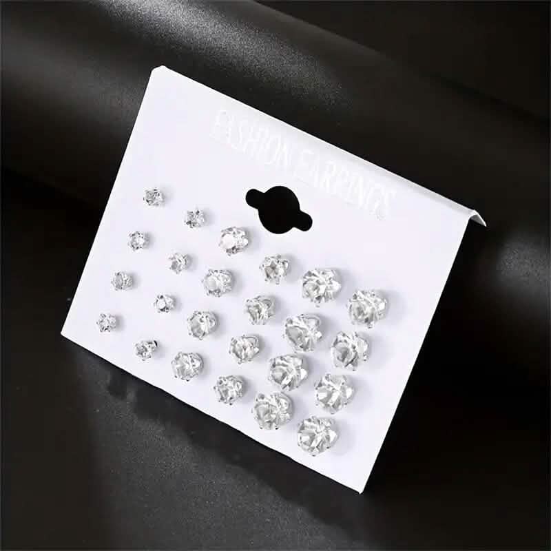 12-Pairs: Crystal Zircon Earrings Set - A-1 Thread Vault