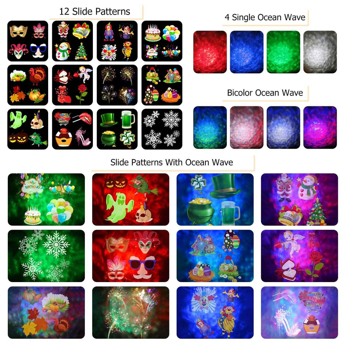 12 Patterns LED Projector Lights IP65 Waterproof Ocean Wave Projector Lamp with Remote Control Timer - A-1 Thread Vault