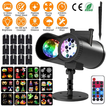 12 Patterns LED Projector Lights IP65 Waterproof Ocean Wave Projector Lamp with Remote Control Timer - A-1 Thread Vault