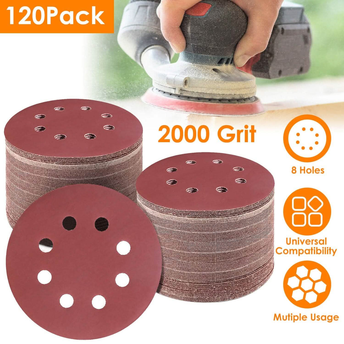 120-Pack: 5-Inch 8 Hole Round Sandpapers - A-1 Thread Vault