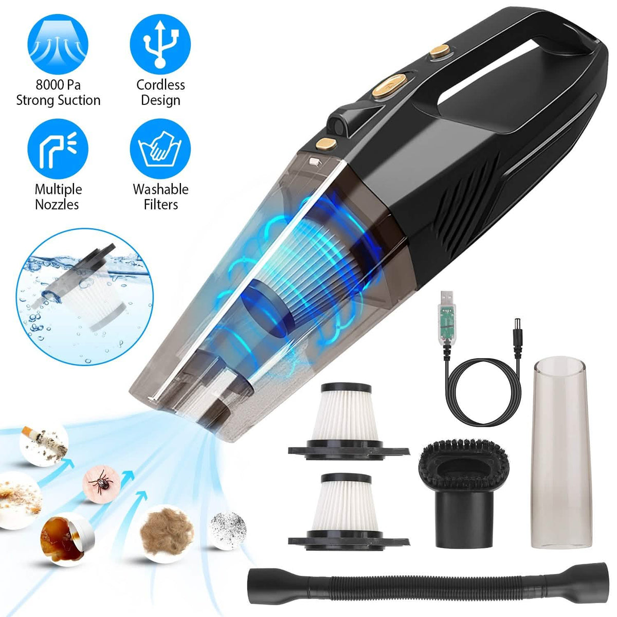 120W 8000PA Handheld Cordless Car Vacuum Cleaner with Accessory kit - A-1 Thread Vault