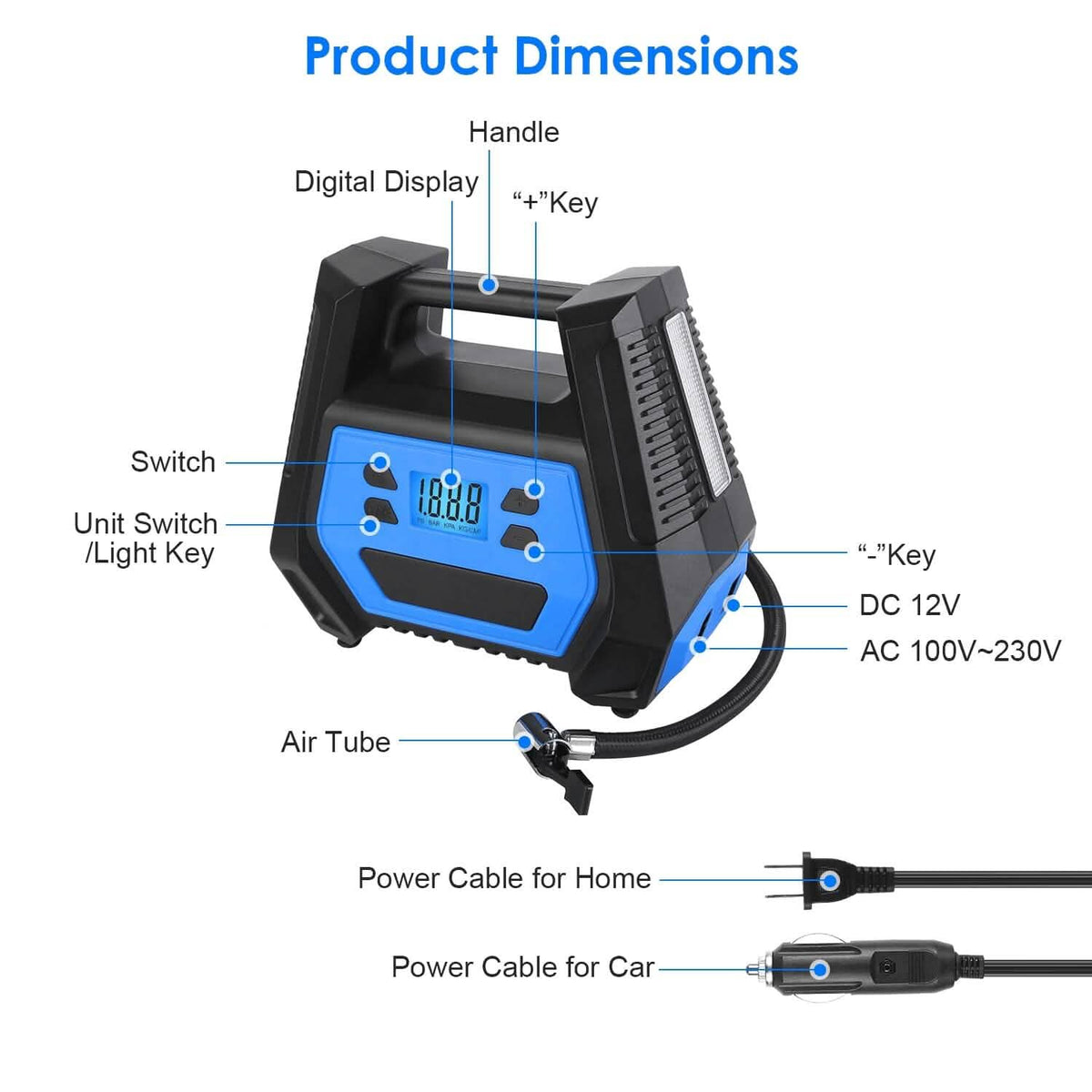 120W Max Power Portable Tire Pump with Digital Display LED Light - A-1 Thread Vault