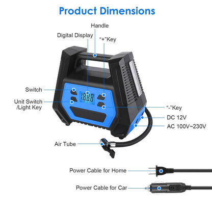 120W Max Power Portable Tire Pump with Digital Display LED Light - A-1 Thread Vault