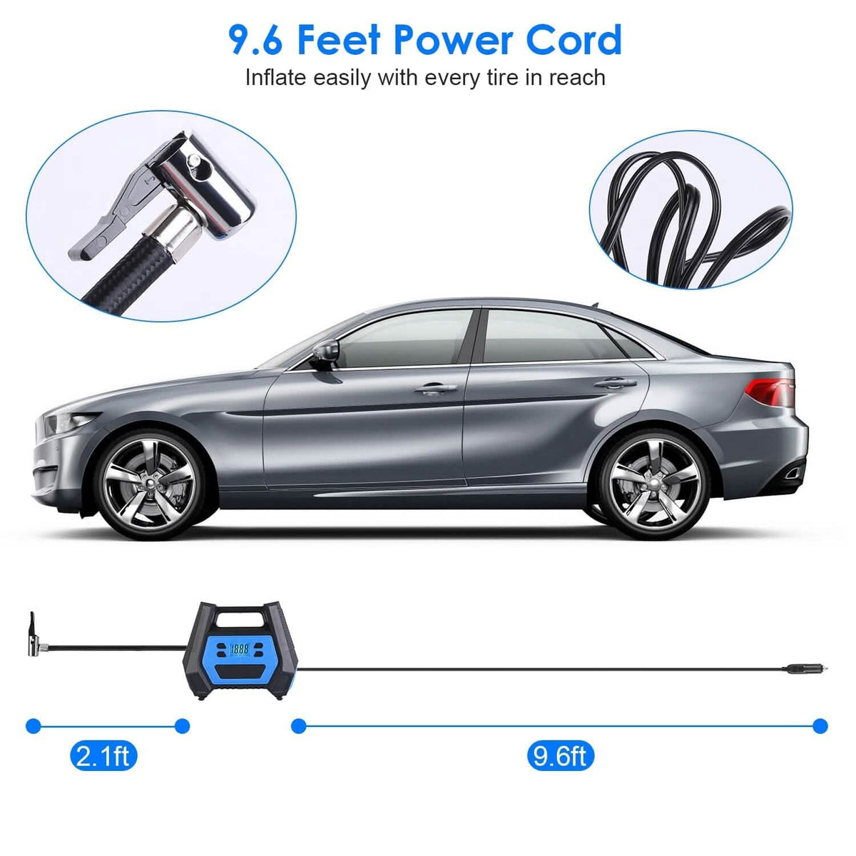 120W Max Power Portable Tire Pump with Digital Display LED Light - A-1 Thread Vault