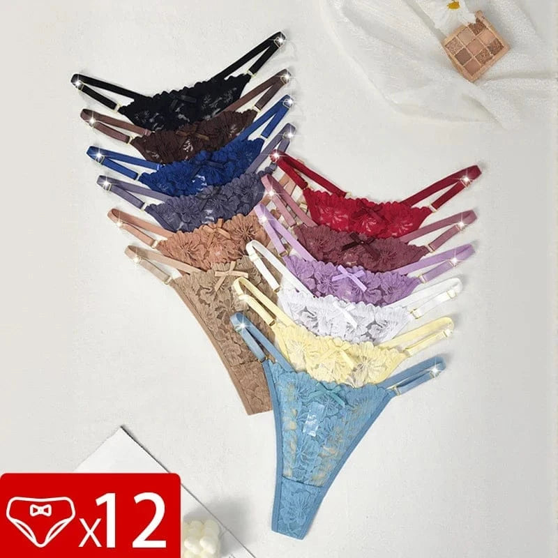 12pcs/Set Low Rise Sexy Women's G-string Breathable Comfortable Female Lingerie Erotic Elegant Lady Thongs Underwear Panties - A-1 Thread Vault