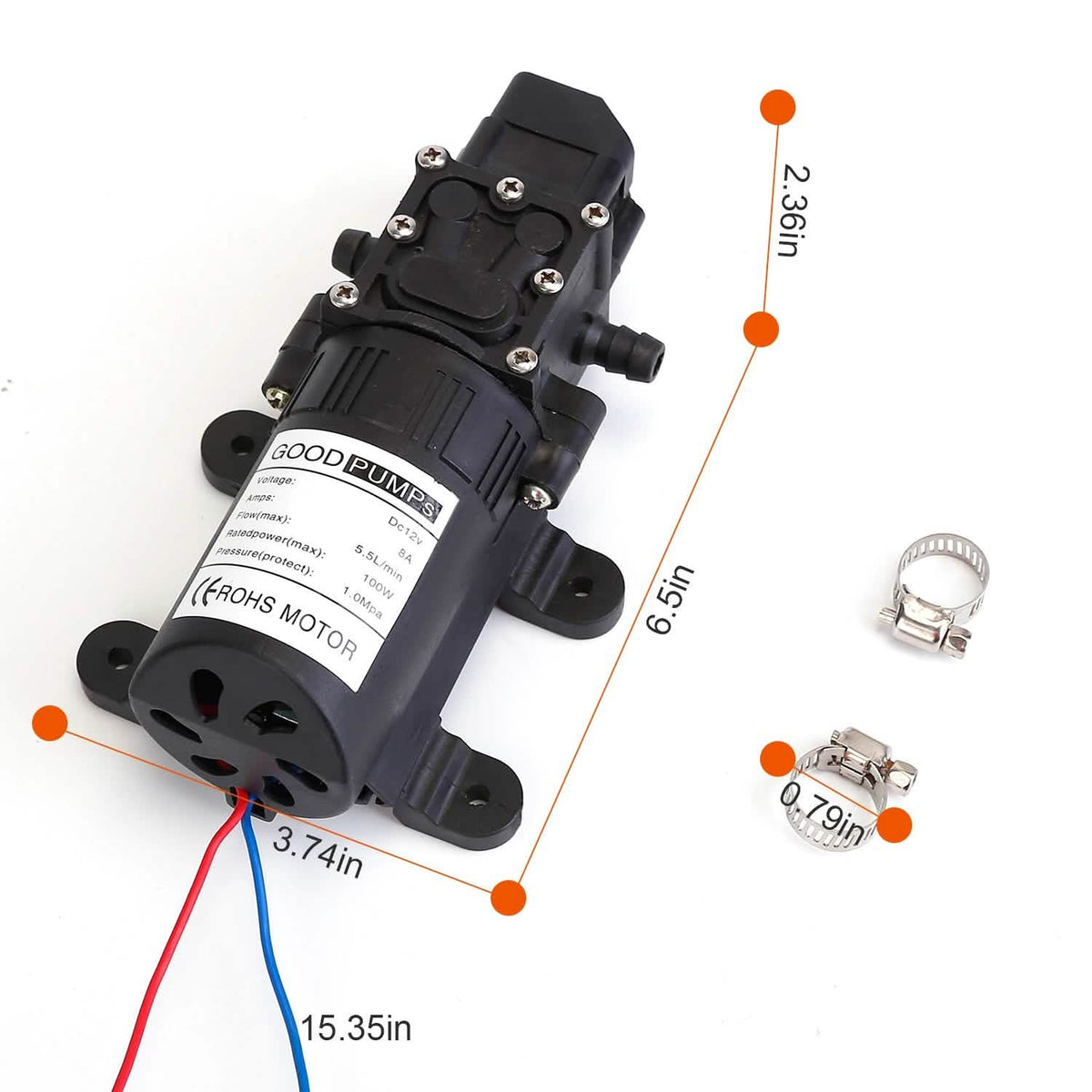12V Water Pump with 2 Hose Clamps 123PSI Self Priming Sprayer Pump - A-1 Thread Vault