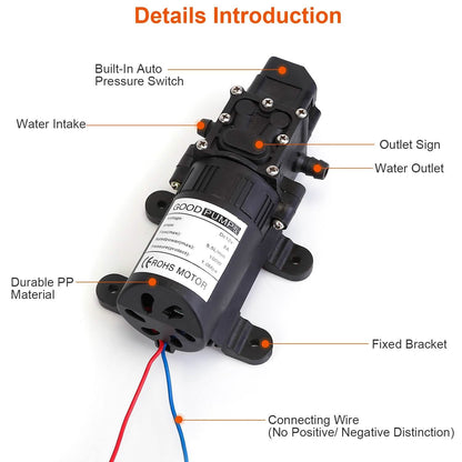 12V Water Pump with 2 Hose Clamps 123PSI Self Priming Sprayer Pump - A-1 Thread Vault