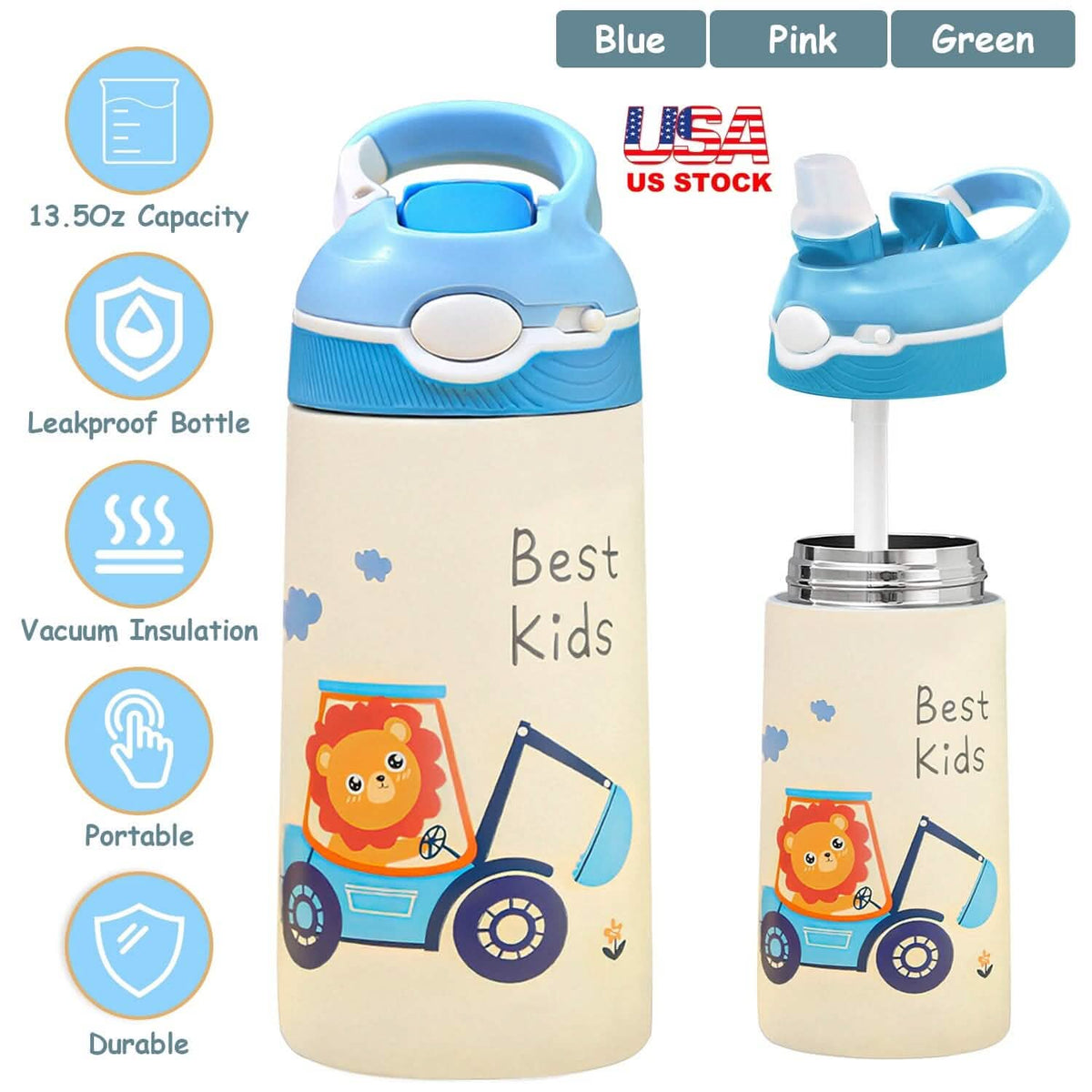 13.50oz. Insulated Stainless Steel Water Bottle Leak-proof with Straw Push Button Lock Switch - A-1 Thread Vault
