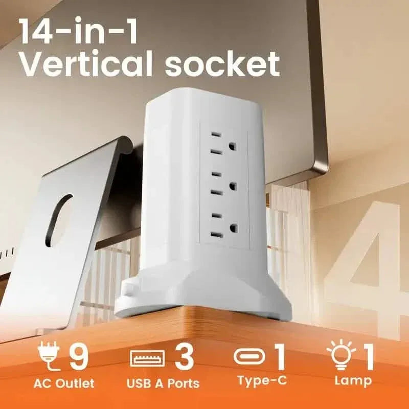 14-in-1 Power Strip Tower with 4 USB Ports & 9 AC Outlets, 10ft Extension Cable, Adjustable 3-Color Night Light - A-1 Thread Vault