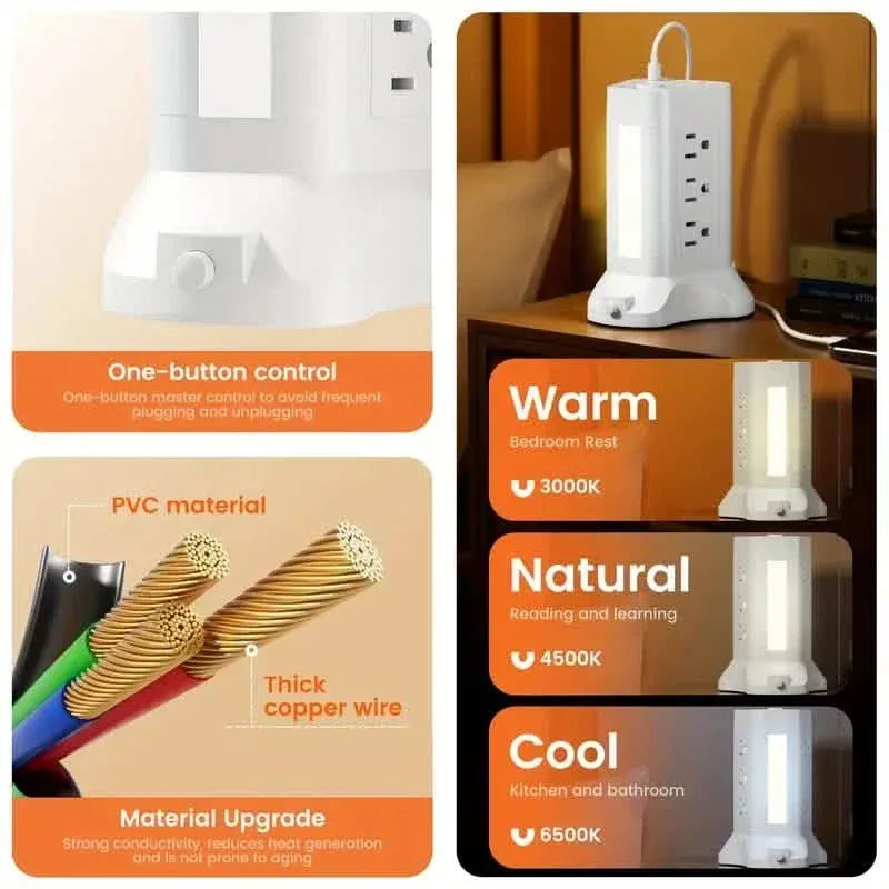 14-in-1 Power Strip Tower with 4 USB Ports & 9 AC Outlets, 10ft Extension Cable, Adjustable 3-Color Night Light - A-1 Thread Vault