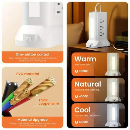 14-in-1 Power Strip Tower with 4 USB Ports & 9 AC Outlets, 10ft Extension Cable, Adjustable 3-Color Night Light - A-1 Thread Vault