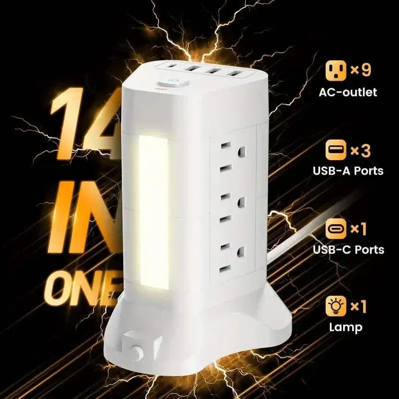 14-in-1 Power Strip Tower with 4 USB Ports & 9 AC Outlets, 10ft Extension Cable, Adjustable 3-Color Night Light - A-1 Thread Vault
