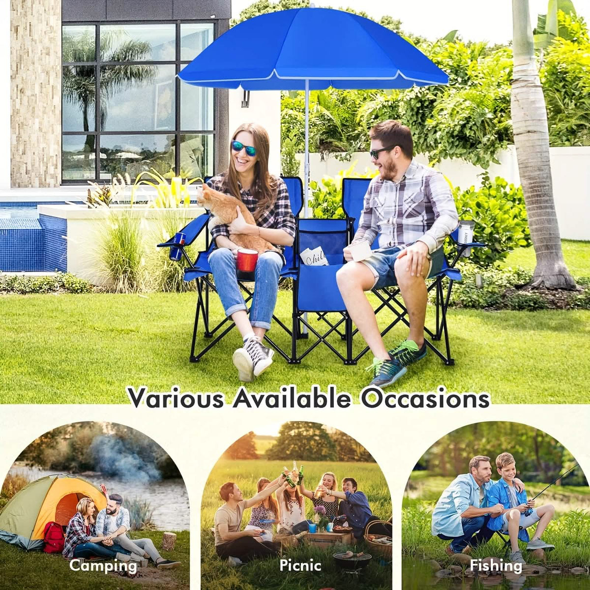Folding Double Camping Chair with Umbrella (Blue) - A-1 Thread Vault