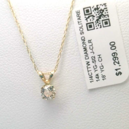 1/4CTTW $4000 Genuine Diamond Solitaire Pendant Necklace 14K Yellow Gold Solid 18" - A-1 Thread Vault