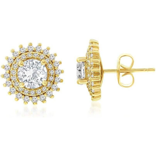 14k Gold-Plated Brass Stud Earrings with 7mm Cubic Zirconia Center Stone - A-1 Thread Vault