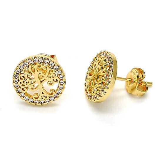 14k Gold Filled High Polish Finish Crystal Tree of Life Stud Earrings - A-1 Thread Vault