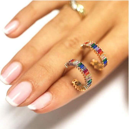 14K Gold Plated Cubic Zirconia Multicolor Rainbow Round Hoop Stud Earrings - A-1 Thread Vault