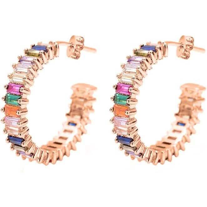 14K Gold Plated Cubic Zirconia Multicolor Rainbow Round Hoop Stud Earrings - A-1 Thread Vault