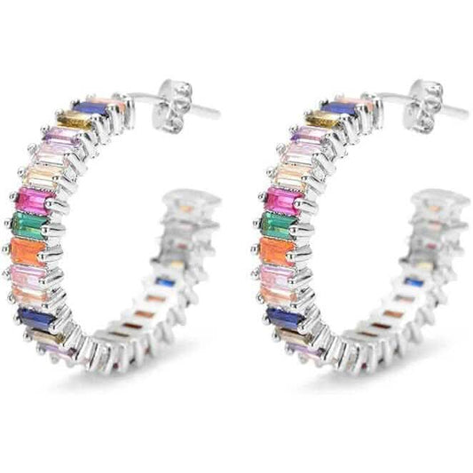 14K Gold Plated Cubic Zirconia Multicolor Rainbow Round Hoop Stud Earrings - A-1 Thread Vault