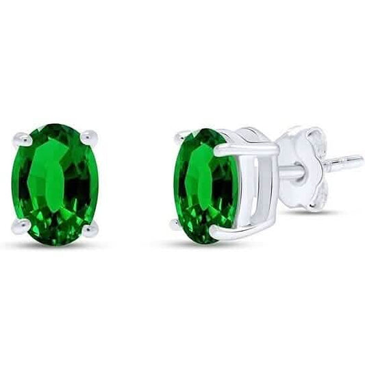 14k White Gold Over Silver 5x7 Oval Cut Created Emerald Oval Diamond Stud Earrings - A-1 Thread Vault