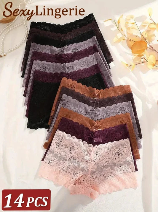 14Pcs/Set Women Lace Boyshorts Sexy Underpants Low Rise Panties Ladies Fashion Floral Lace Underwear S-XL Girls Panty Intimates - A-1 Thread Vault