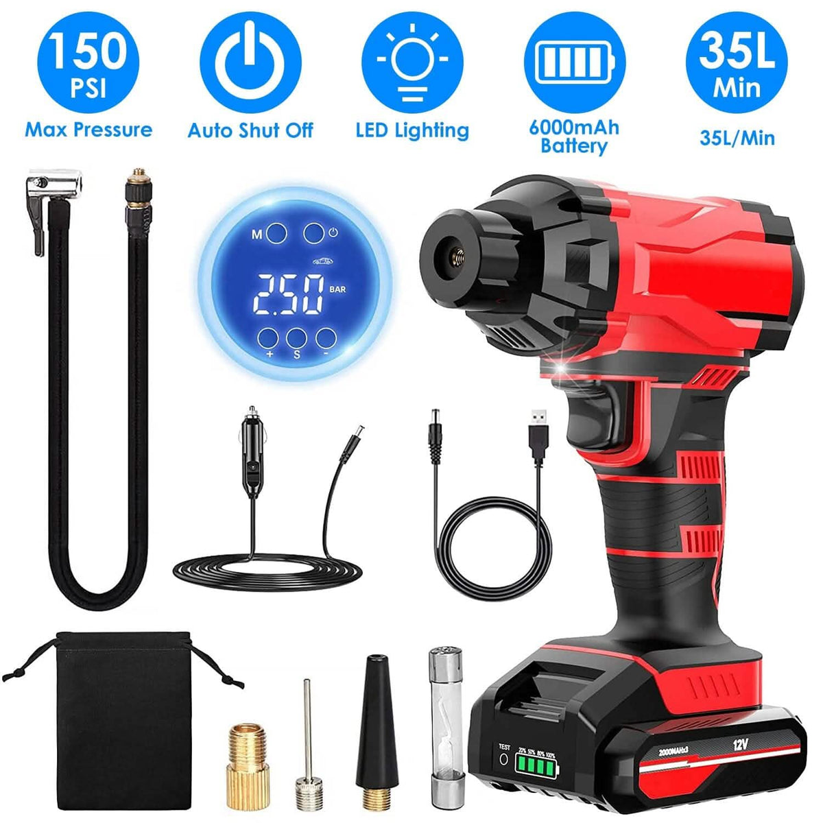 150 PSI 12V Portable Cordless Tire Pump 6000mAh Rechargeable with LED Light - A-1 Thread Vault