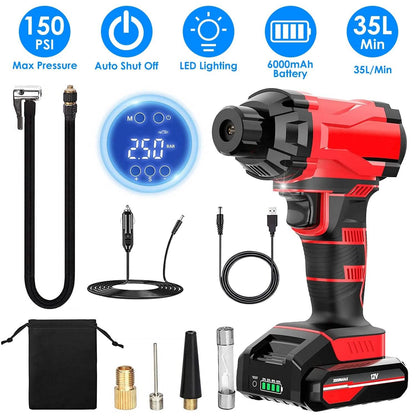 150 PSI 12V Portable Cordless Tire Pump 6000mAh Rechargeable with LED Light - A-1 Thread Vault