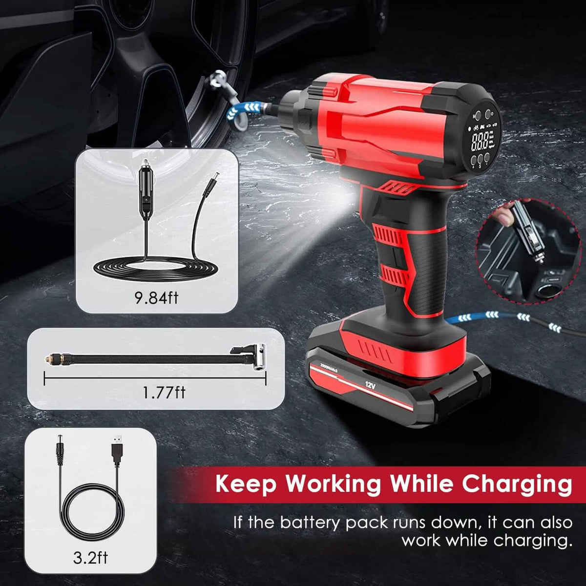 150 PSI 12V Portable Cordless Tire Pump 6000mAh Rechargeable with LED Light - A-1 Thread Vault