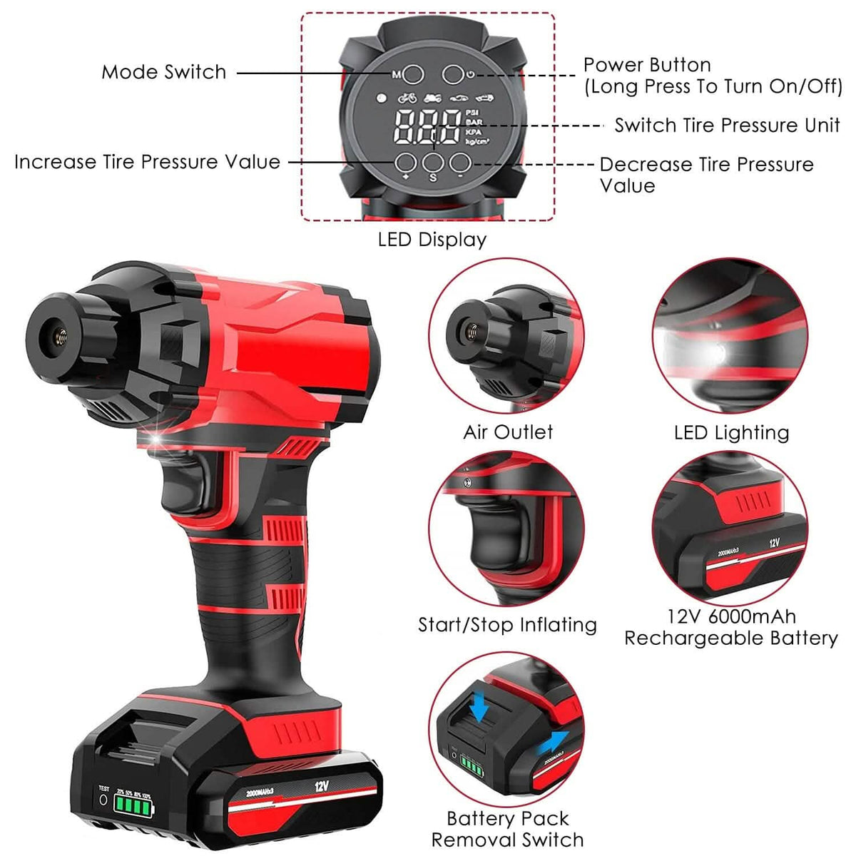150 PSI 12V Portable Cordless Tire Pump 6000mAh Rechargeable with LED Light - A-1 Thread Vault