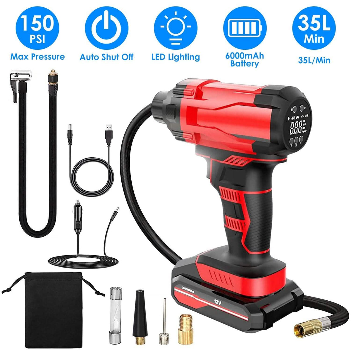 150 PSI 12V Portable Cordless Tire Pump 6000mAh Rechargeable with LED Light - A-1 Thread Vault