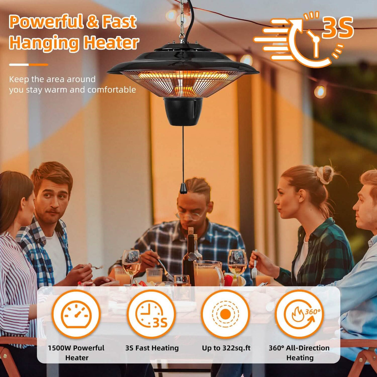 1500W Outdoor Hanging Patio Ultra-Quiet Electric Heating Lamp - A-1 Thread Vault