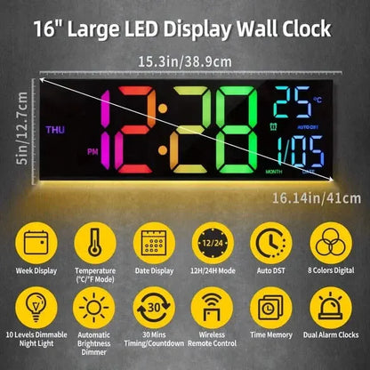 16.2" Large Display Digital Coloring Changing Wall Clock with Built-in Night Light - A-1 Thread Vault