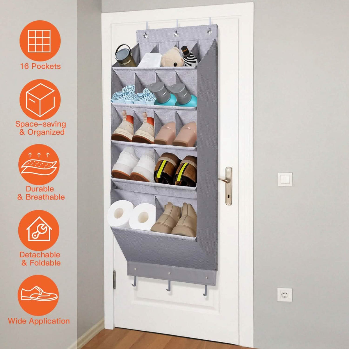 16 Pockets Over The Door Shoe Organizer 5 Tier with 6 Hooks - A-1 Thread Vault