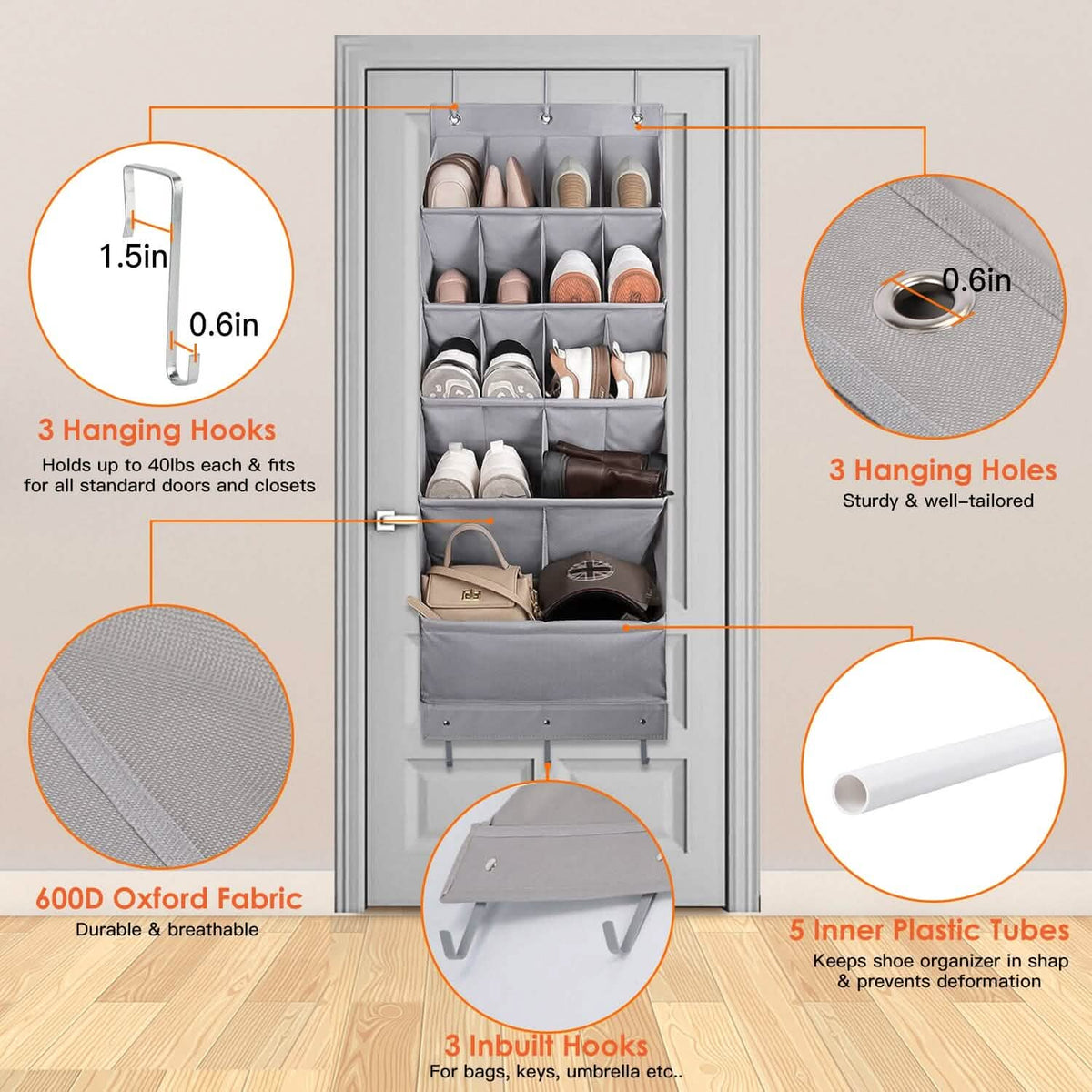 16 Pockets Over The Door Shoe Organizer 5 Tier with 6 Hooks - A-1 Thread Vault