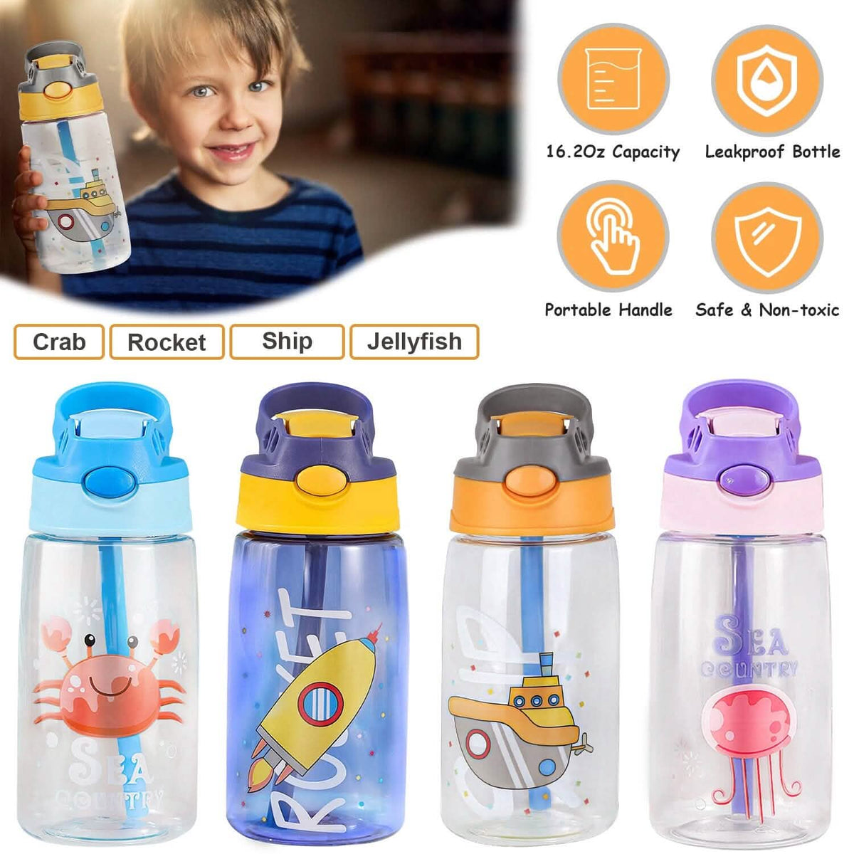 16.2oz Leak-proof Kids Water Bottle with Straw Push Button - A-1 Thread Vault