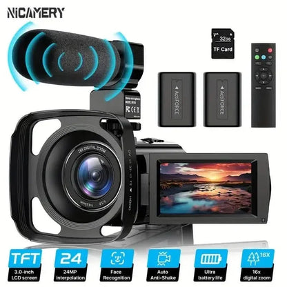 16x Zoom 1080P HD Digital Camera Bundle with 2 Batteries, 32G TF Card, Mic, Hood & Bag - A-1 Thread Vault