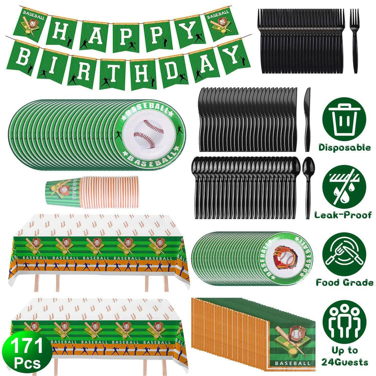 171-Pieces: Baseball Birthday Party Disposable Dinnerware Set - A-1 Thread Vault