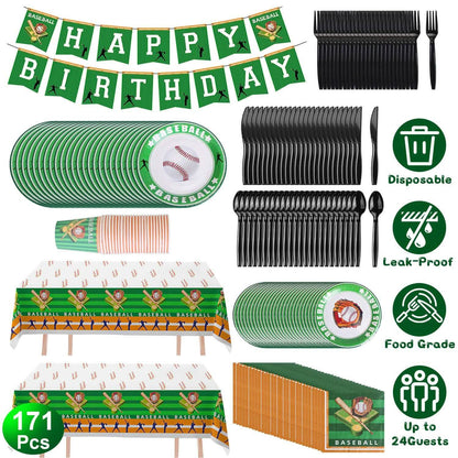 171-Pieces: Baseball Birthday Party Disposable Dinnerware Set - A-1 Thread Vault