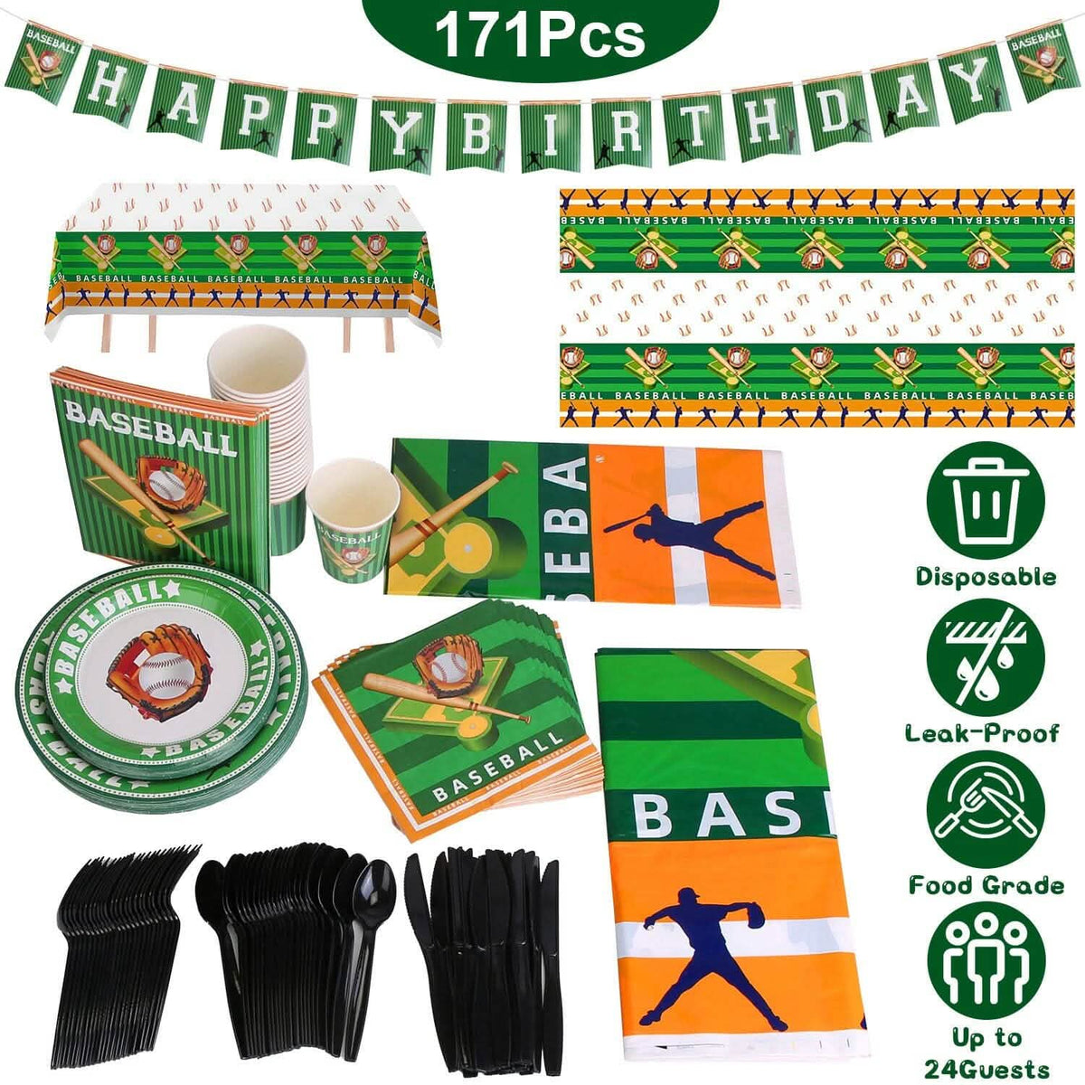 171-Pieces: Baseball Birthday Party Disposable Dinnerware Set - A-1 Thread Vault
