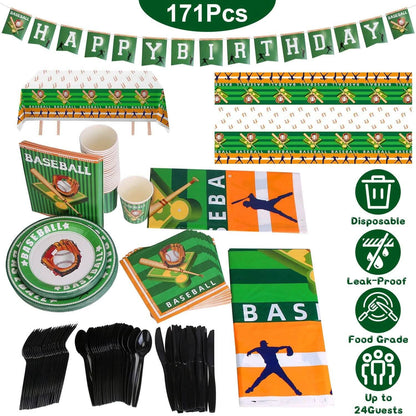 171-Pieces: Baseball Birthday Party Disposable Dinnerware Set - A-1 Thread Vault