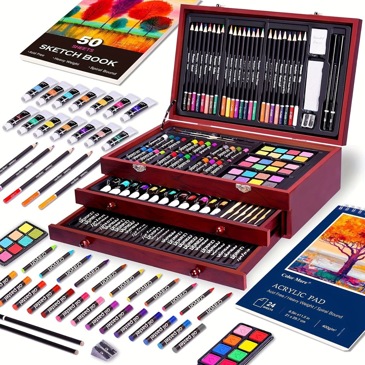 175-Piece Deluxe Art Set – Crayons, Colored Pencils & Acrylic Paints in Wooden Case - A-1 Thread Vault