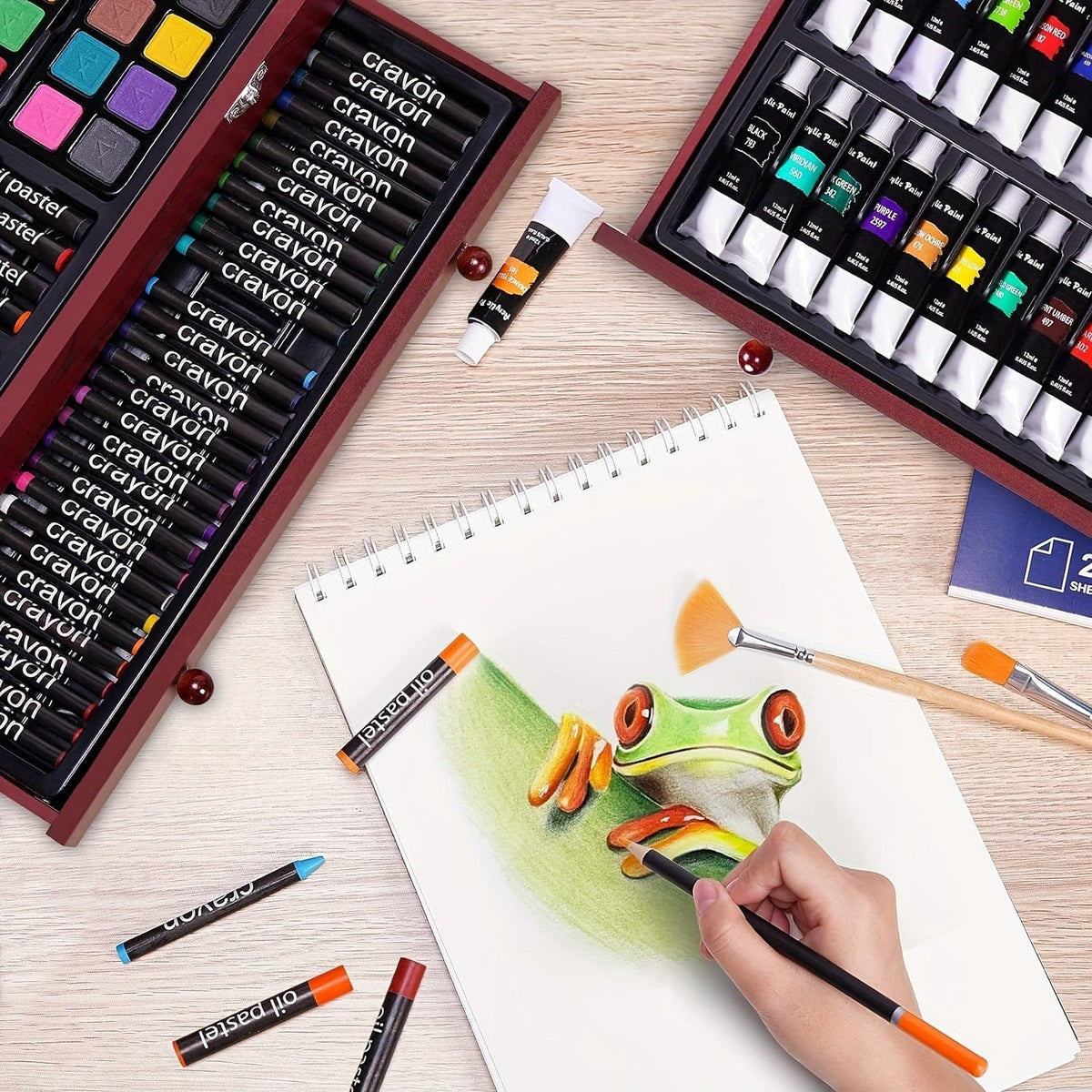175-Piece Deluxe Art Set – Crayons, Colored Pencils & Acrylic Paints in Wooden Case - A-1 Thread Vault