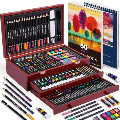 175-Piece Deluxe Art Set – Crayons, Colored Pencils & Acrylic Paints in Wooden Case - A-1 Thread Vault