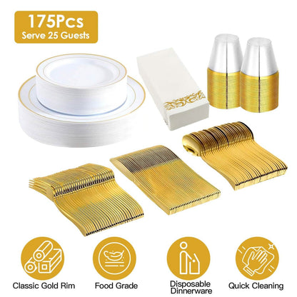 175-Pieces: Disposable Gold Dinnerware Set - A-1 Thread Vault